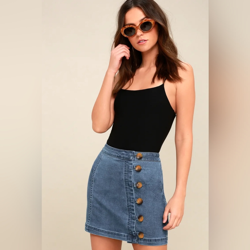 Free People Little Daisies Medium Wash Denim Button-Front Mini Skirt